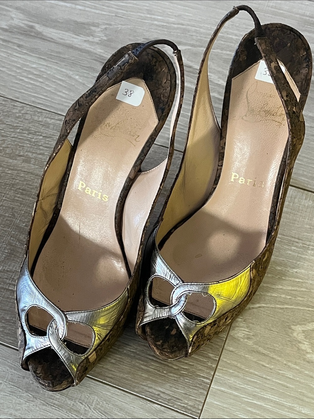 Christian Louboutin Brown Metallic Bronze-Tone Peep Toe Slingback Heels 38